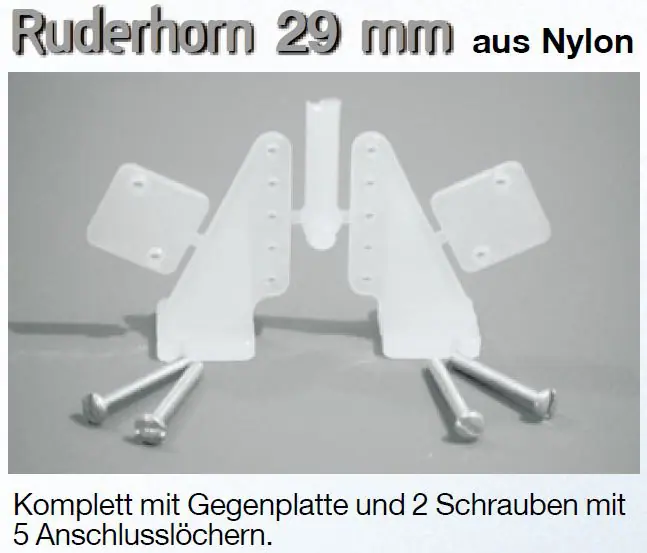 Ruderhorn 29 mm aus Nylon Komplett mit Gegenplatte und 2 Schrauben mit 5 Anschlusslöchern 2 Stück | # 1025562