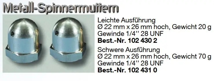 Metallspinnermutter | schwere Ausführung Ø 22 mm x 26 mm hoch | 70 g | Gewinde 1/4″ 28 UNF  | # 1024310